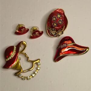 Vintage Red Hat Society Jewelry Lot - Enamel & Rhinestone Brooches & Earrings